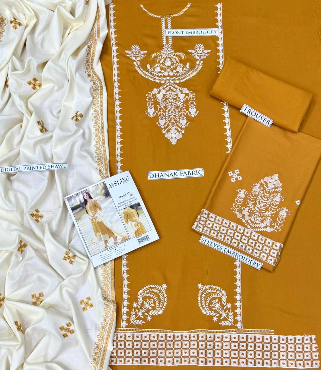 RUHZAAR dhanak embroidered boring work unstitced 3pc✓